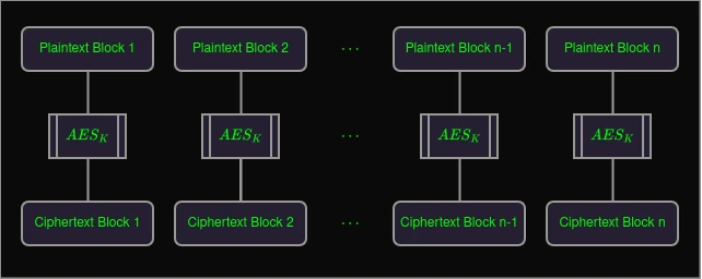 In AES-ECB the plaintext is split into blocks and each block encrypted separately, with the same key.